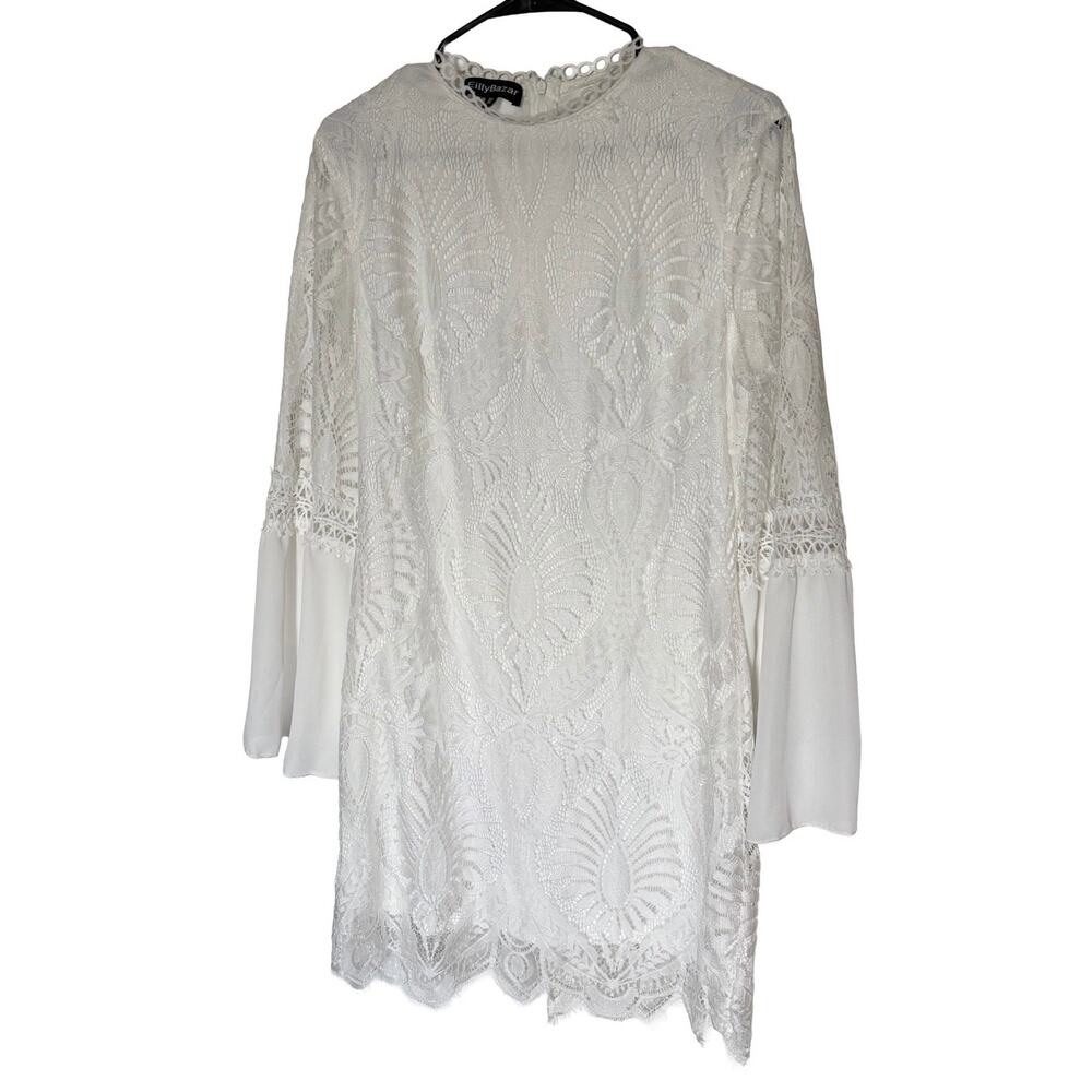 EillyBazar White Lace Bell Sleeve Mini Dress XL 12 Boho Bridal Party